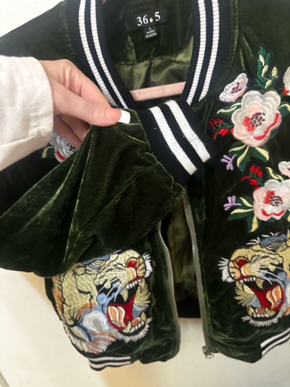 Embroidered Velvet Bomber Jacket - Olive Green Vintage Y2K - Picture 2 of 10